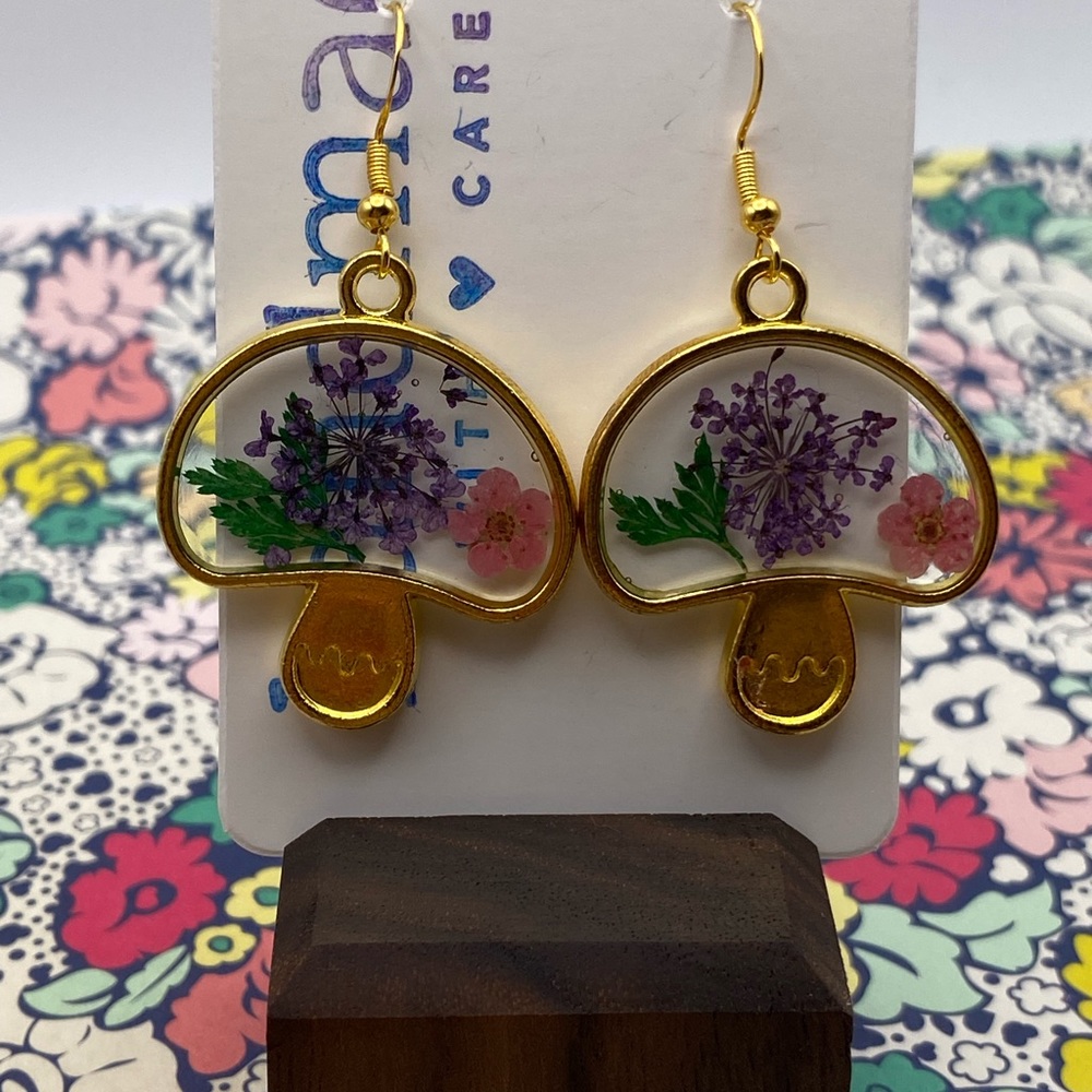 Handmade Pressed Flower Resin Sterling Silver Mushroom Earrings